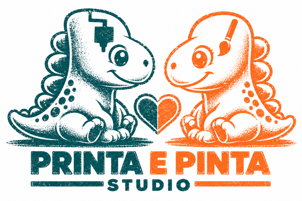 Logo da Printa e Pinta com mascotes dinossauros.