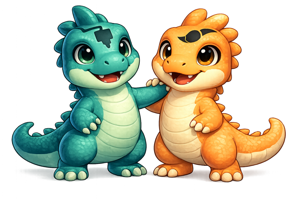 Mascotes dinossauros da Printa e Pinta representando impressão 3D personalizada.