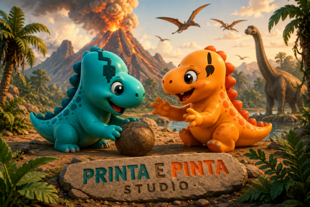 Mascotes inspirados em modelos produzidos por impressão 3D.