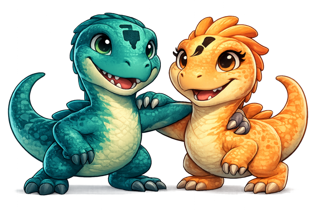 Mascotes dinossauros da Printa e Pinta representando criatividade e impressão 3D.