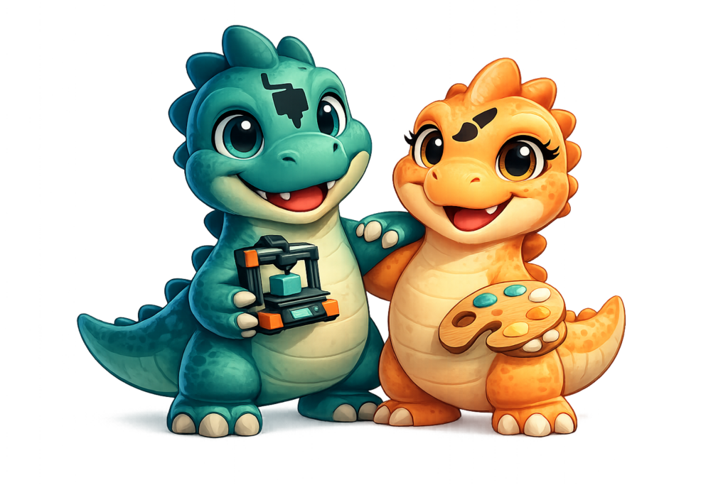Mascotes da empresa Printa e Pinta especializada em impressão 3D.