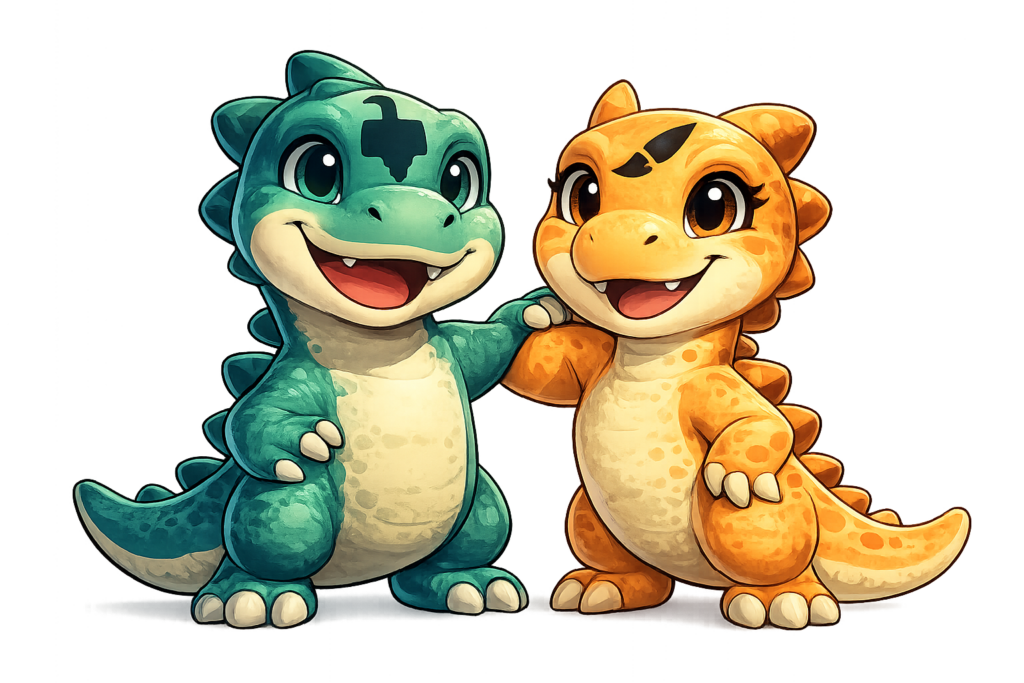 Mascotes representando miniaturas impressas em 3D produzidas pela Printa e Pinta.