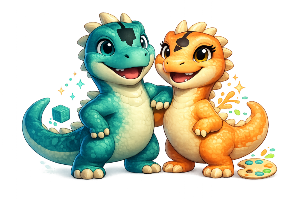 Personagens mascotes utilizados pela Printa e Pinta para representar serviços de impressão 3D.