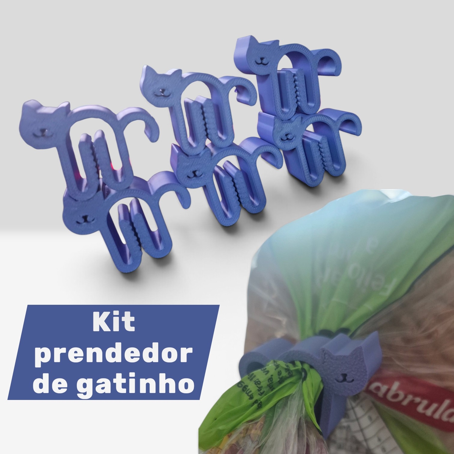 Kit com 6 prendedores de embalagens em formato de gatinho produzidos em impressão 3D