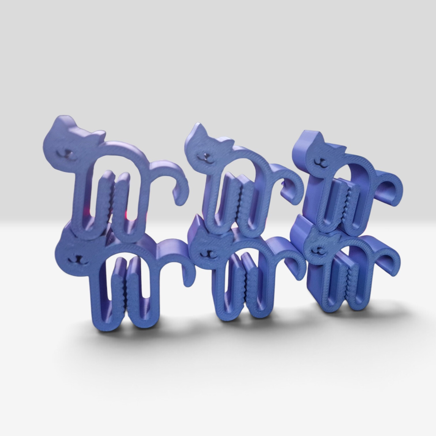 Kit com 6 prendedores de embalagens em formato de gatinho produzidos em impressão 3D