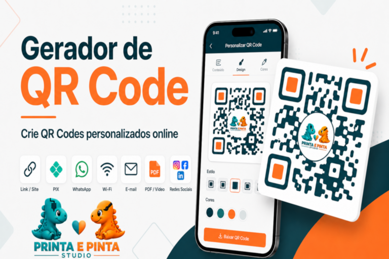 Gerador de QR Code personalizado da Printa e Pinta para PIX, WhatsApp, Wi-Fi, links, e-mails e redes sociais.