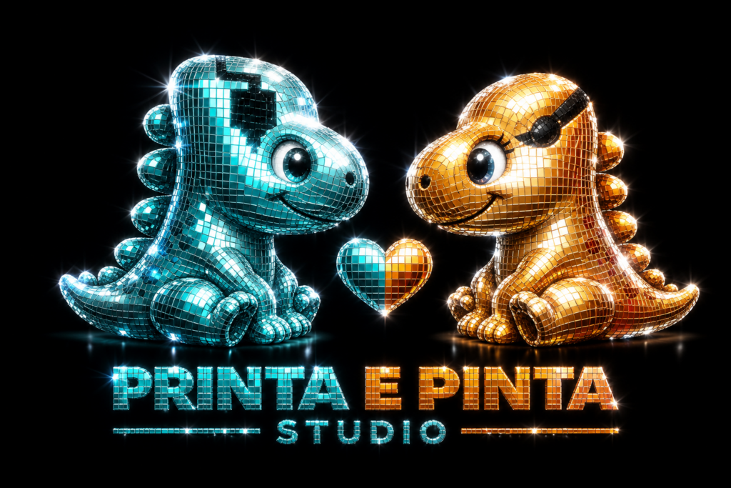 Dois dinossauros espelhados, azul-turquesa e dourado, com um coração ao centro e o logotipo Printa e Pinta Studio.