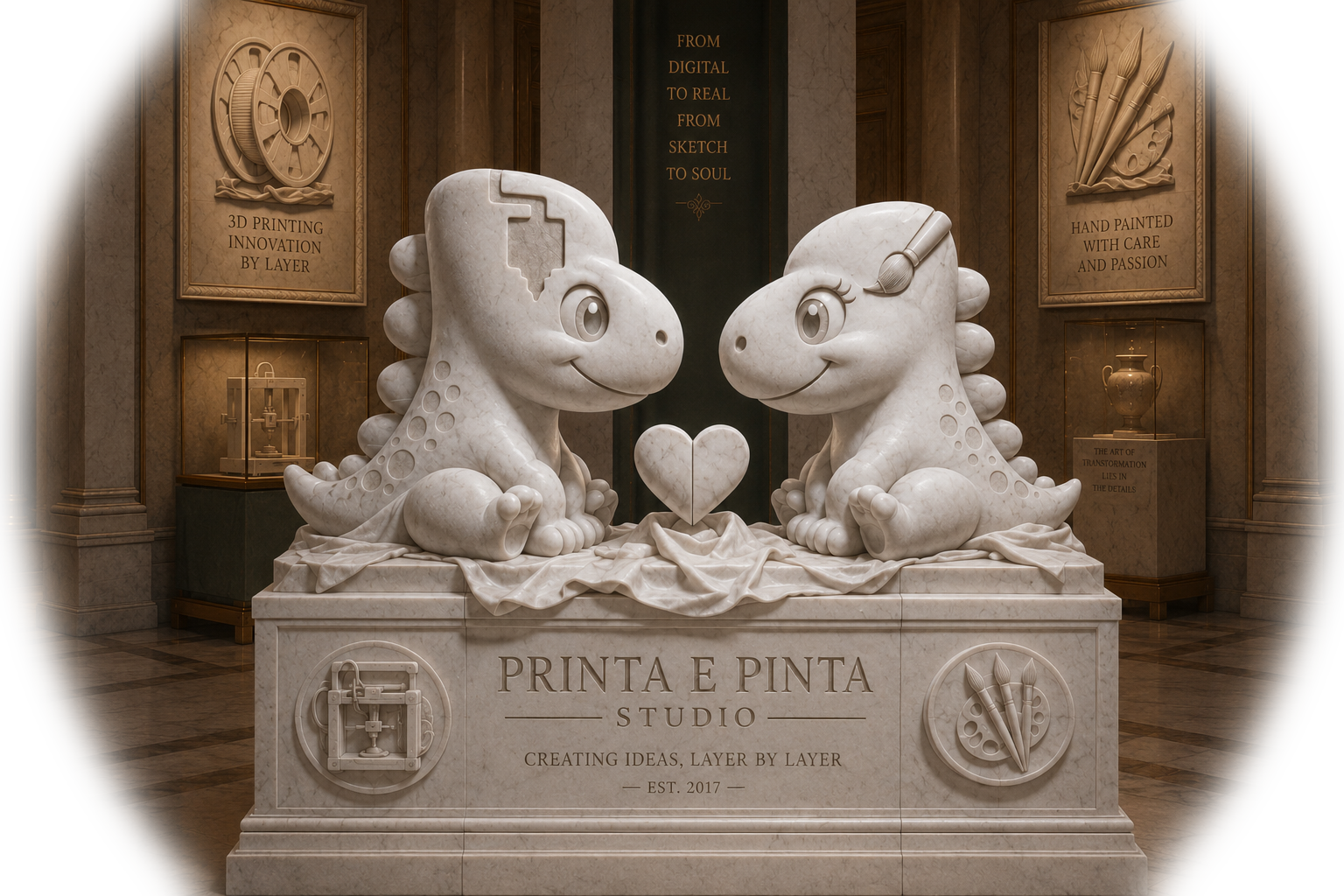 Escultura em mármore branco de Carrara dos mascotes Printa e Pinta em estilo neoclássico, exposta em um elegante museu, com um coração entre os personagens e elementos que representam impressão 3D e pintura artesanal.