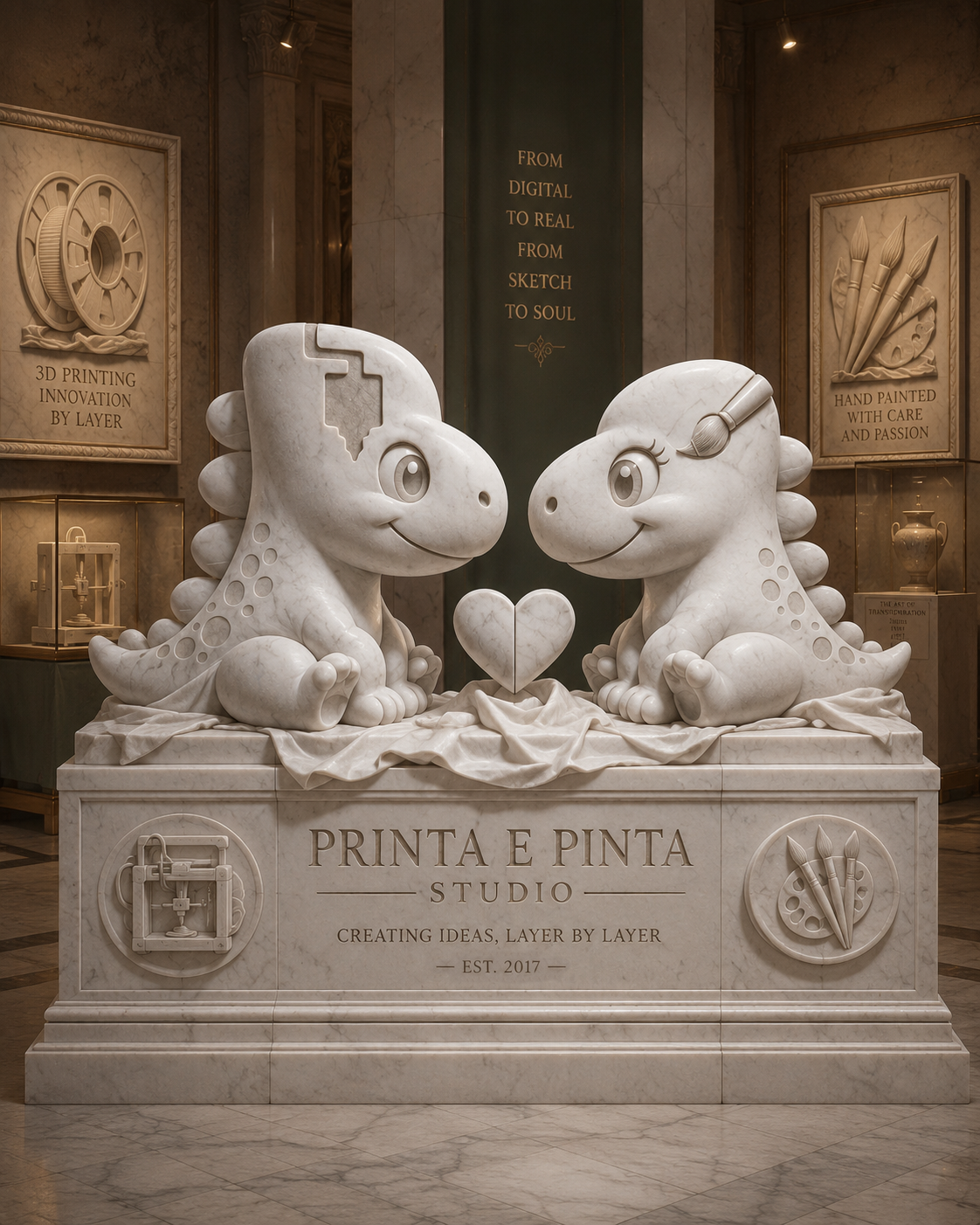 Escultura em mármore branco de Carrara dos mascotes Printa e Pinta em estilo neoclássico, exposta em um elegante museu, com um coração entre os personagens e elementos que representam impressão 3D e pintura artesanal.