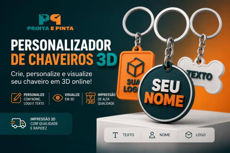 Personalizador de chaveiros 3D da Printa e Pinta com modelos personalizados por nome, logotipo e texto para impressão 3D.