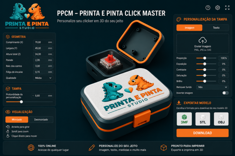 Personalizador de clicker 3D online da Printa e Pinta com personalização por imagem e texto