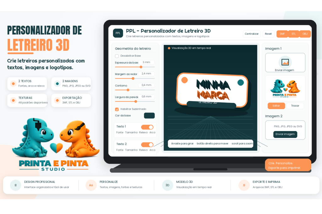 Interface do Personalizador de Letreiro 3D da Printa e Pinta com textos, imagens e exportação em 3MF, STL e OBJ