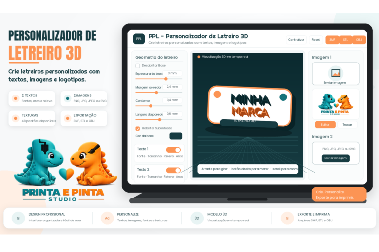 Interface do Personalizador de Letreiro 3D da Printa e Pinta com textos, imagens e exportação em 3MF, STL e OBJ