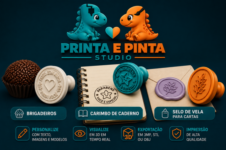 Banner do Personalizador de Carimbos 3D da Printa e Pinta Studio com exemplos de carimbo para brigadeiros, carimbo de caderno e selo de vela para cartas.