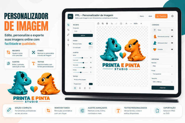 Personalizador de imagem online da Printa e Pinta Studio para editar, remover fundo, adicionar textos e exportar imagens em PNG e SVG.