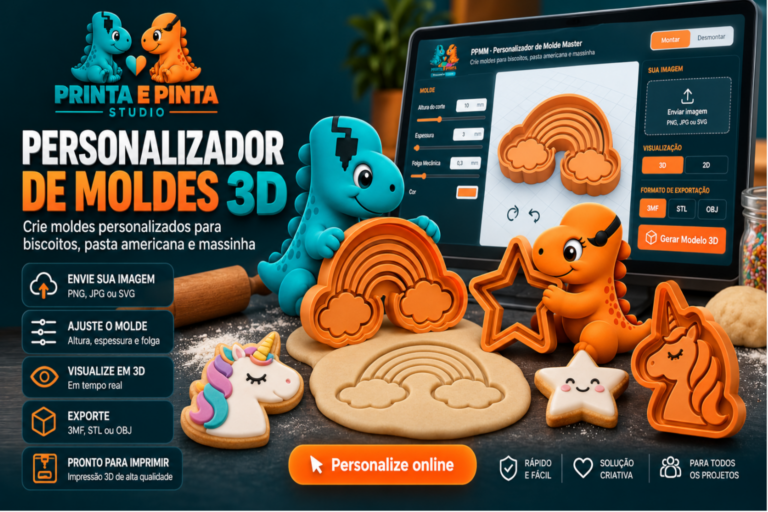 Personalizador de Moldes 3D da Printa e Pinta Studio com criação de moldes personalizados para biscoitos, pasta americana e massinha